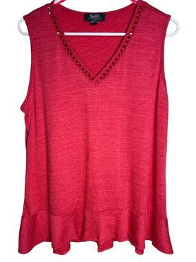 Belle By Belldini Womens Coral Sleeveless V-Neck Top With Eyelet Trim Ruffle Hem